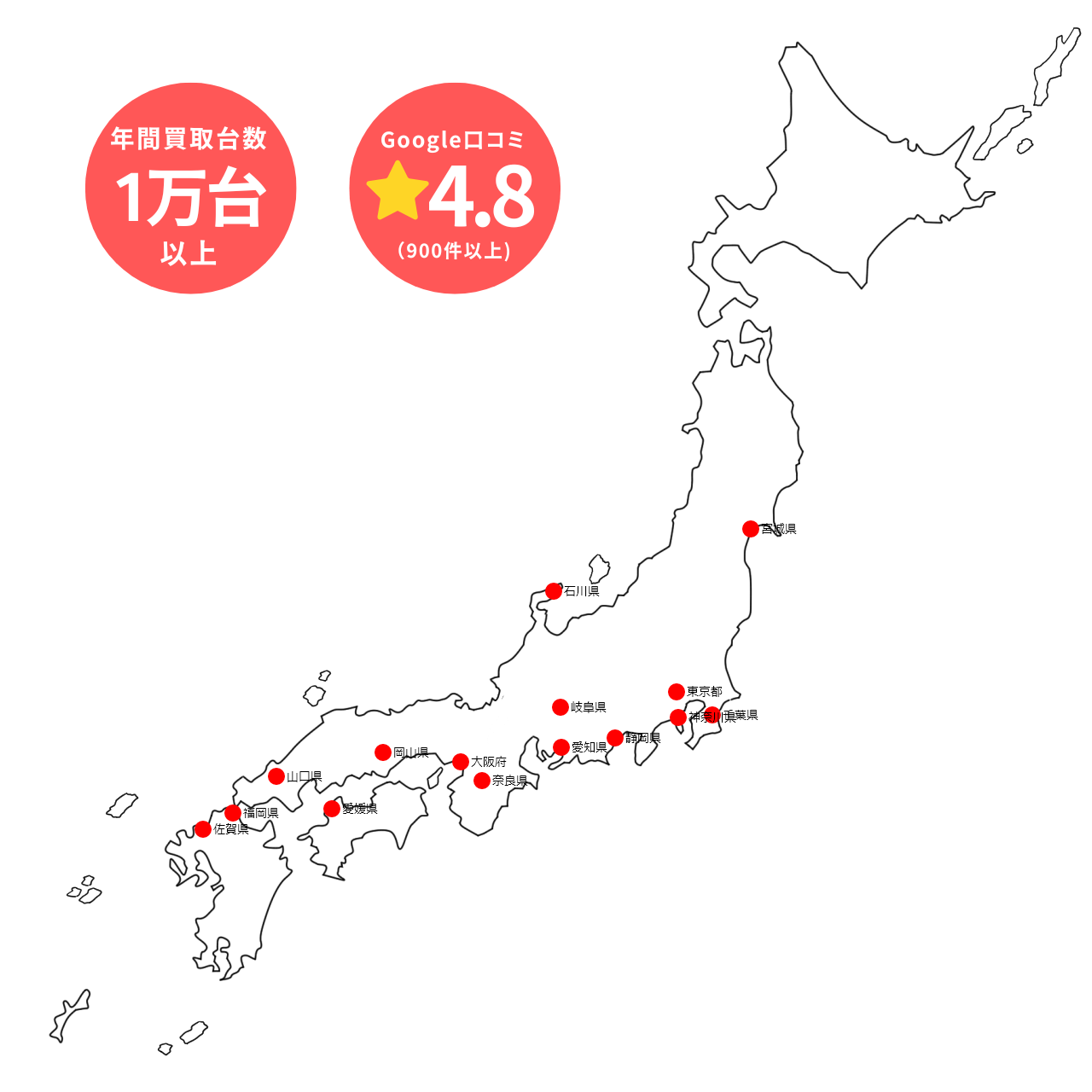 全国買取実績地図 実績20年 Google口コミ4.8以上 年間買取台数1万台以上