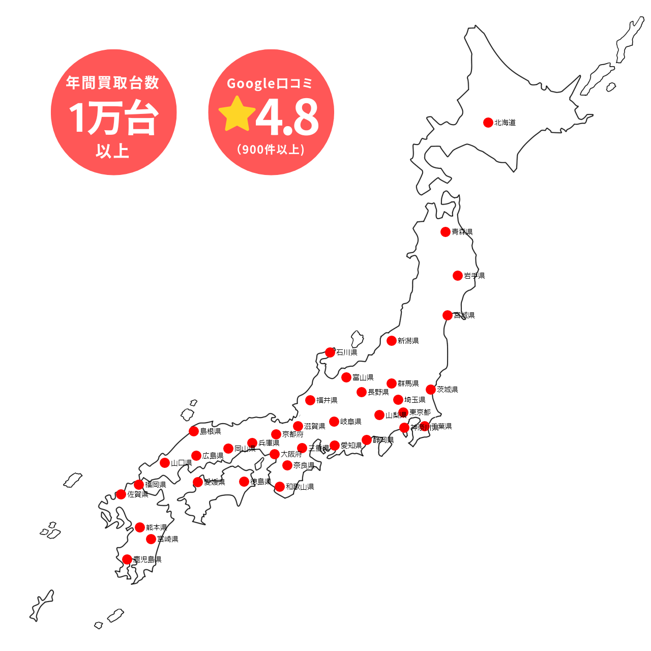 全国買取実績地図 実績20年 Google口コミ4.8以上 年間買取台数1万台以上